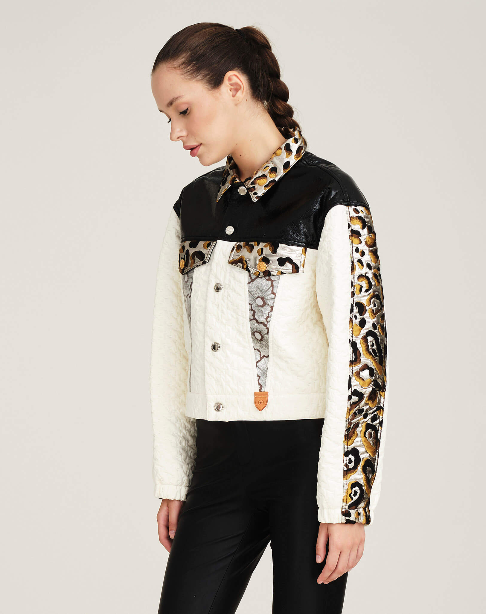 Louis Vuitton - Leopard Detailed Mixed Material Boxy Jacket FR38